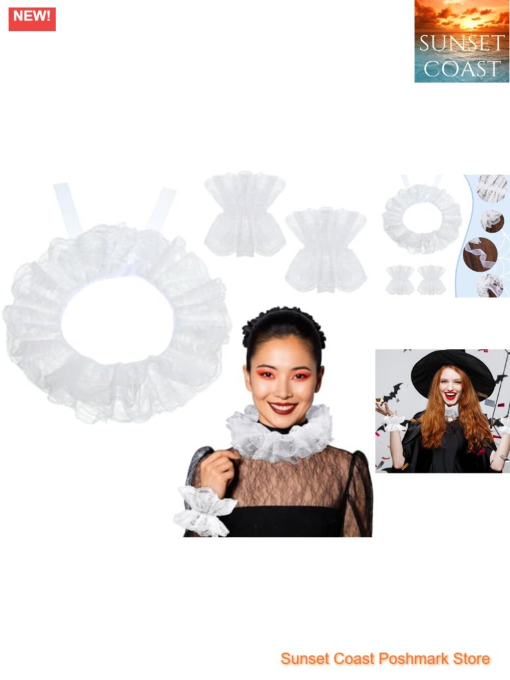 Lace Neck Ruffle Collar & Wrist Cuff Sleeves Set Detachable Victorian Costume